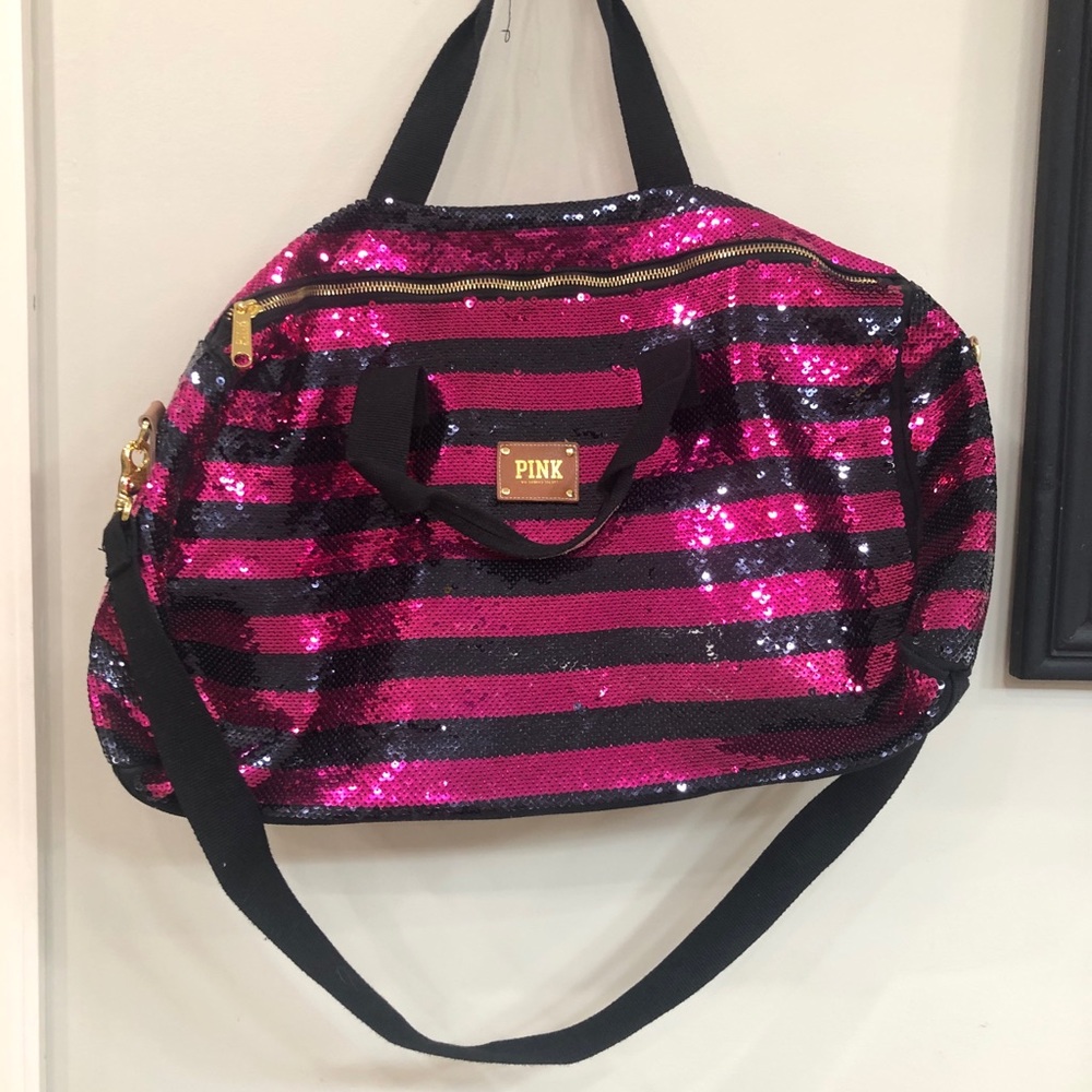 hot pink and black sparkly travel duffle bag